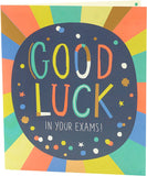 Vibrant multicolour exam good luck greeting card by UK Greetings with cheerful design and inspiring message inside.