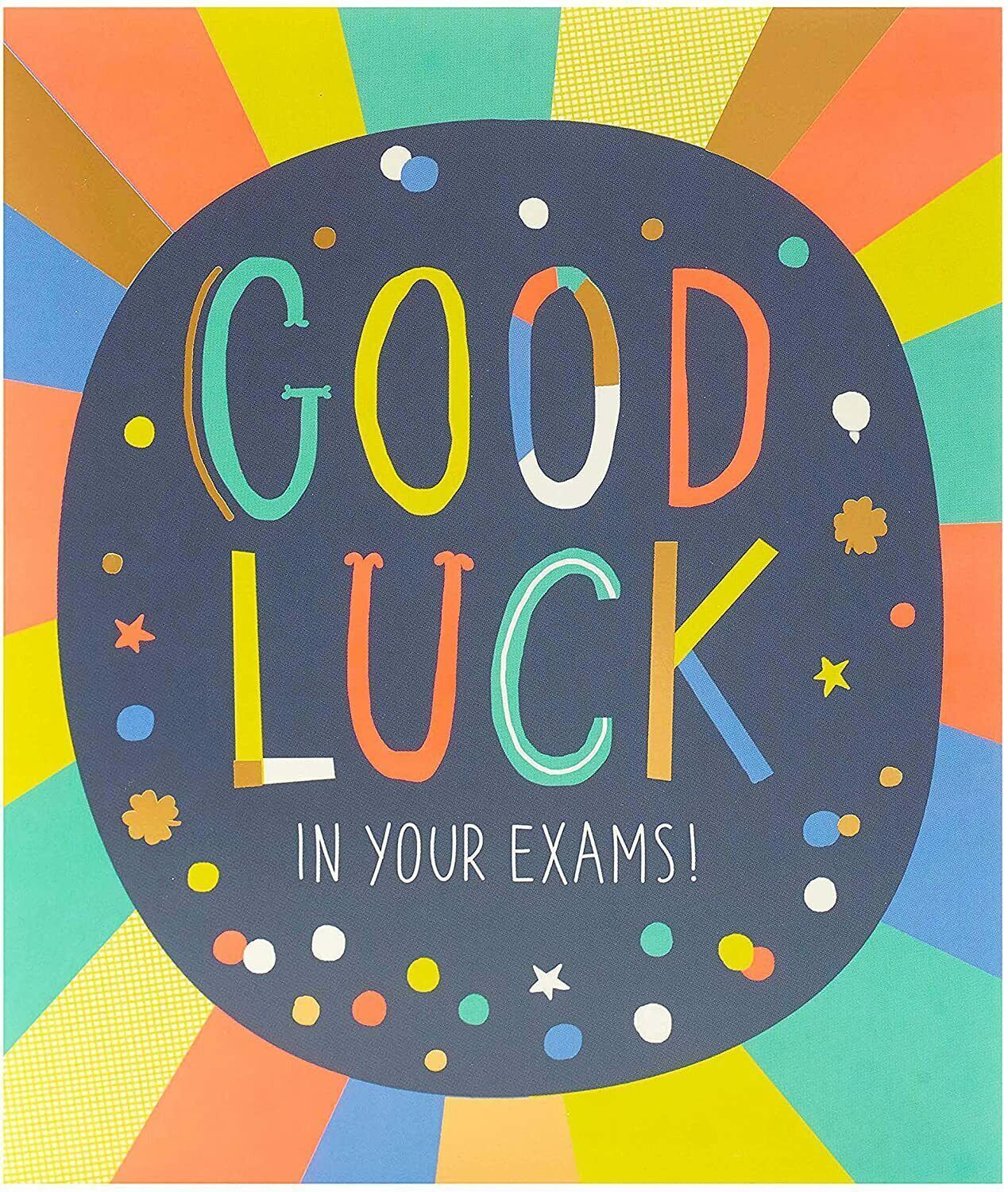 Vibrant multicolour exam good luck greeting card from UK Greetings with colorful design and supportive message.