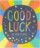 Vibrant multicolour exam good luck greeting card from UK Greetings with colorful design and supportive message.