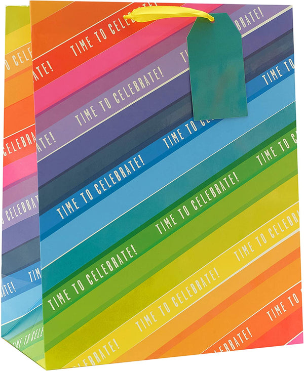 Vibrant rainbow-themed large gift bag with greeting card design by UK Greetings, featuring colorful rainbow and decorative patterns.