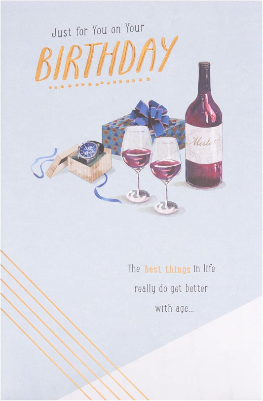 Greeting card featuring a watch and wine design for birthdays, by UK Greetings, with colorful illustrations on the front.