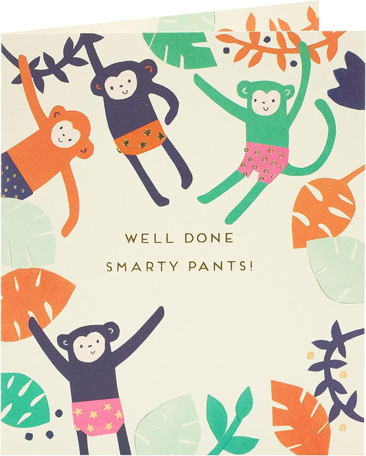 UK Greetings Well Done Monkey greeting card featuring a cheerful monkey cartoon and congratulatory message for passing exams.