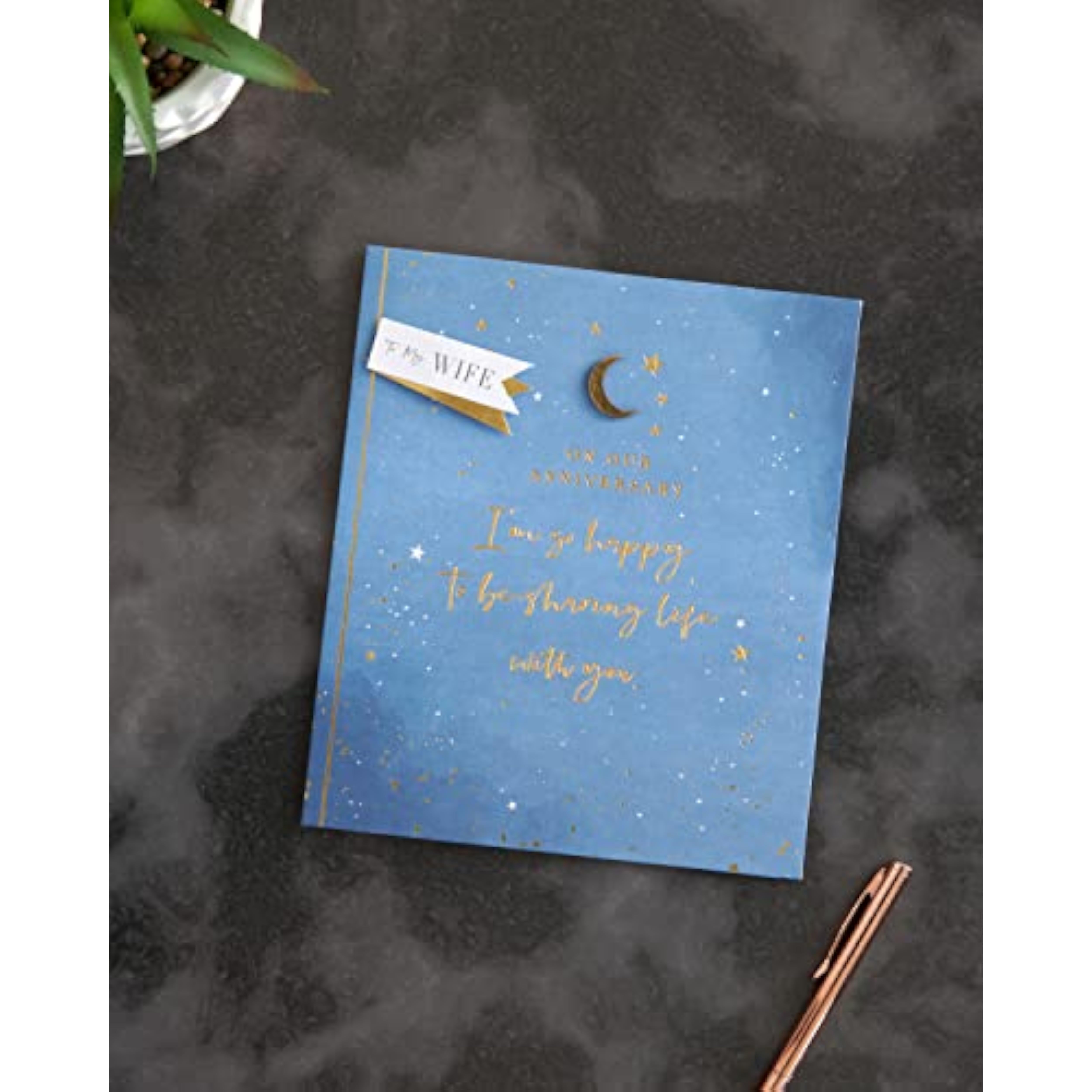 Starry gold foil embossed wife anniversary greeting card with elegant design, ideal for celebrating special moments.