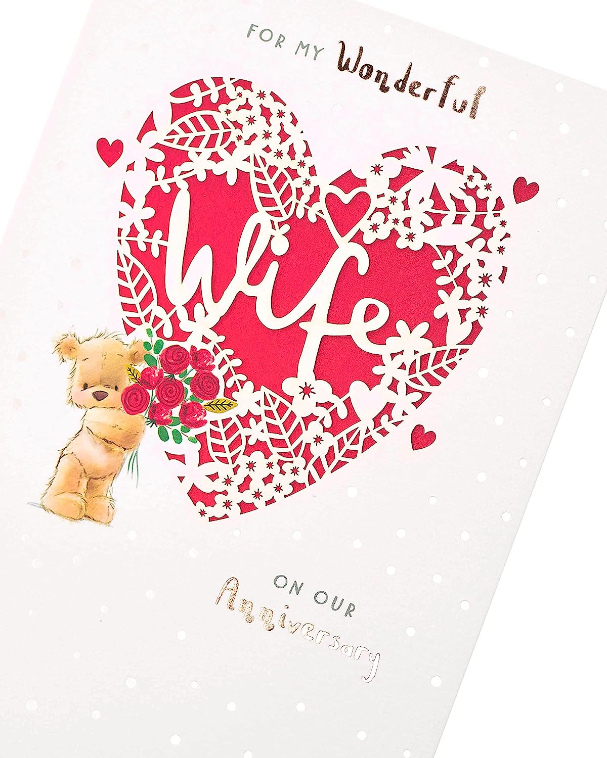 UK Greetings wife anniversary greeting card with red heart design, featuring romantic imagery for special celebration.