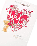 UK Greetings wife anniversary greeting card with red heart design, featuring romantic imagery for special celebration.