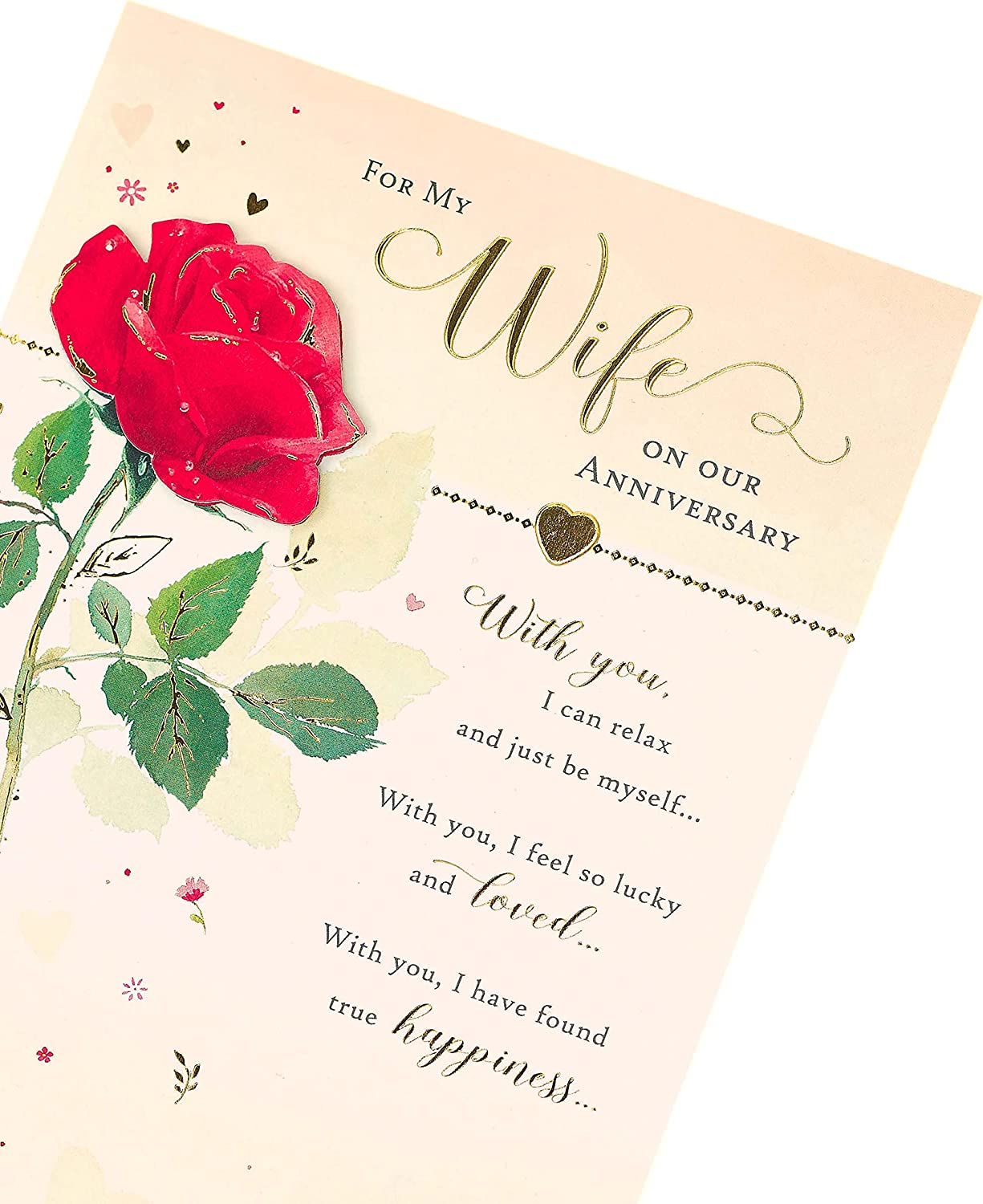 Luxury gold foil wife rose anniversary greeting card with floral design from UK Greetings.