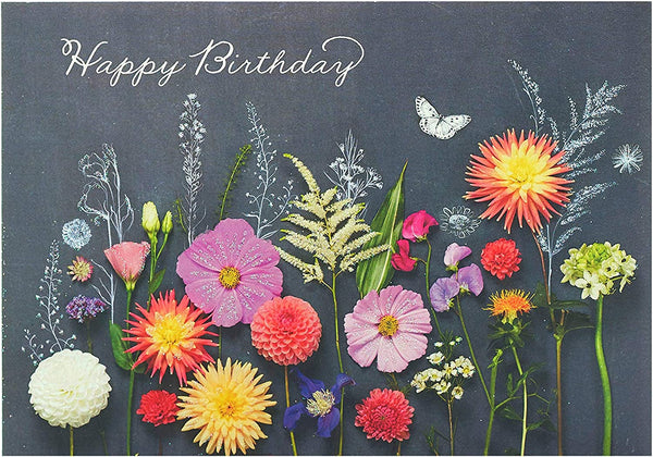 Embossed Wildflowers birthday greeting card with black background from UK Greetings, featuring floral design and elegant lettering.