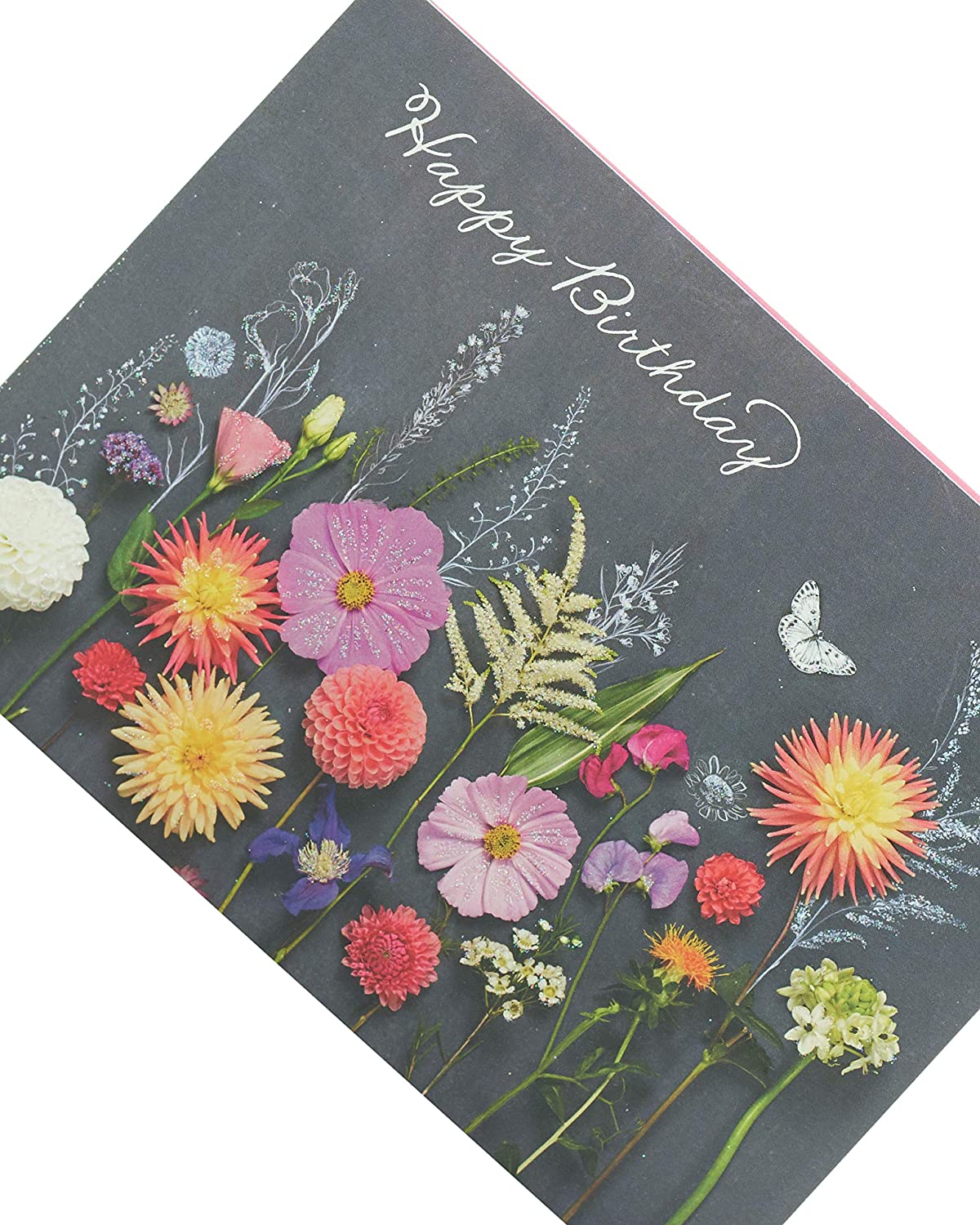 Embossed Wildflowers birthday greeting card with black background from UK Greetings, featuring colorful floral design.