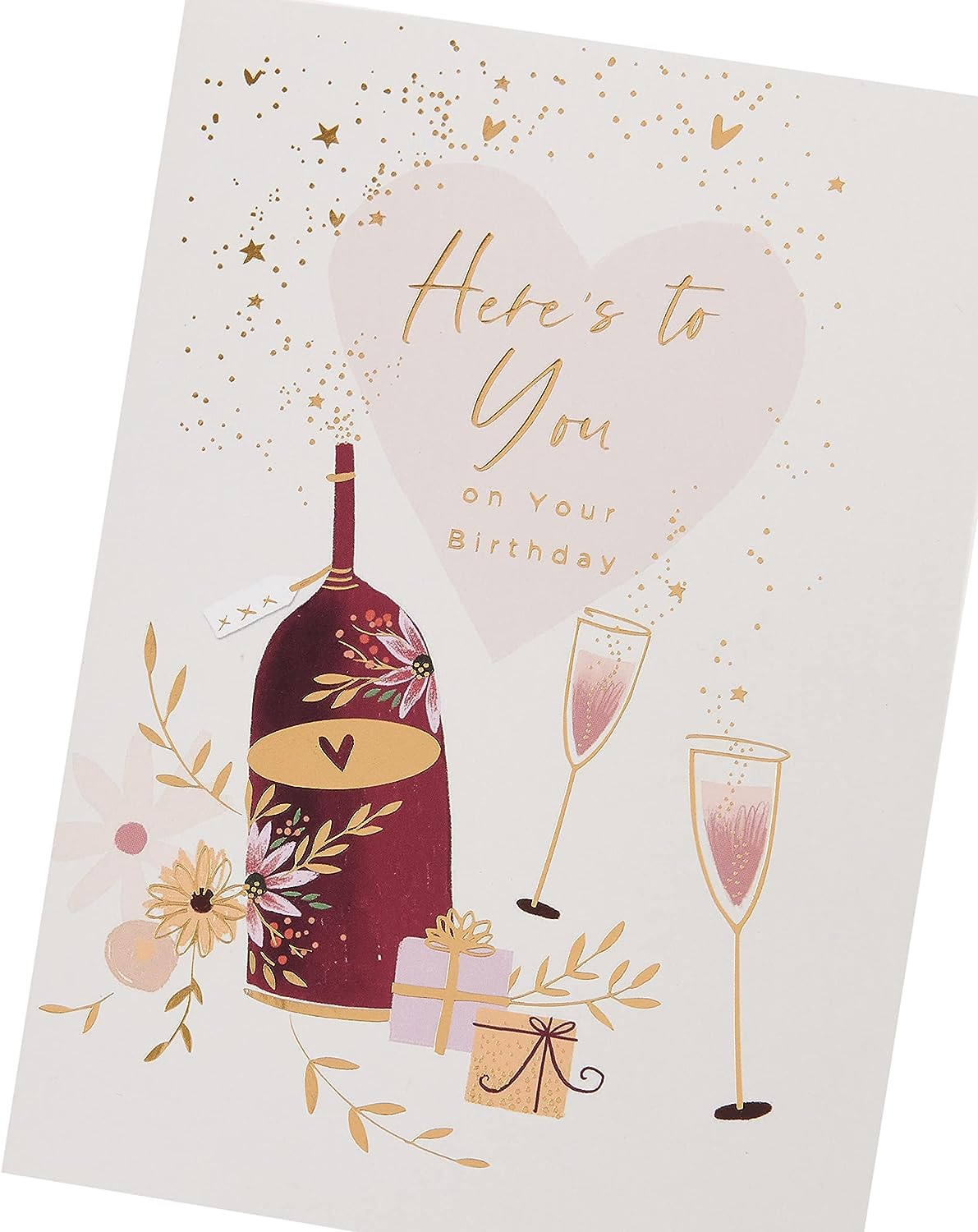 UK Greetings birthday greeting card with wine bottle, glasses, and presents, perfect for celebrating special occasions.