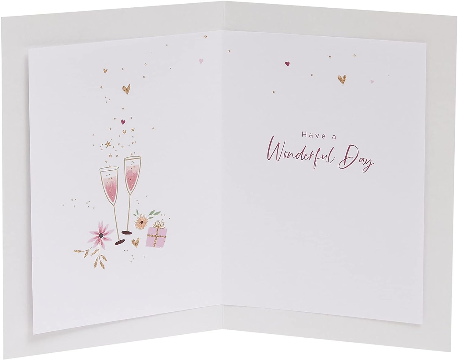 Birthday greeting card with wine bottle, glasses, and presents illustration, suitable for celebrating special occasions.