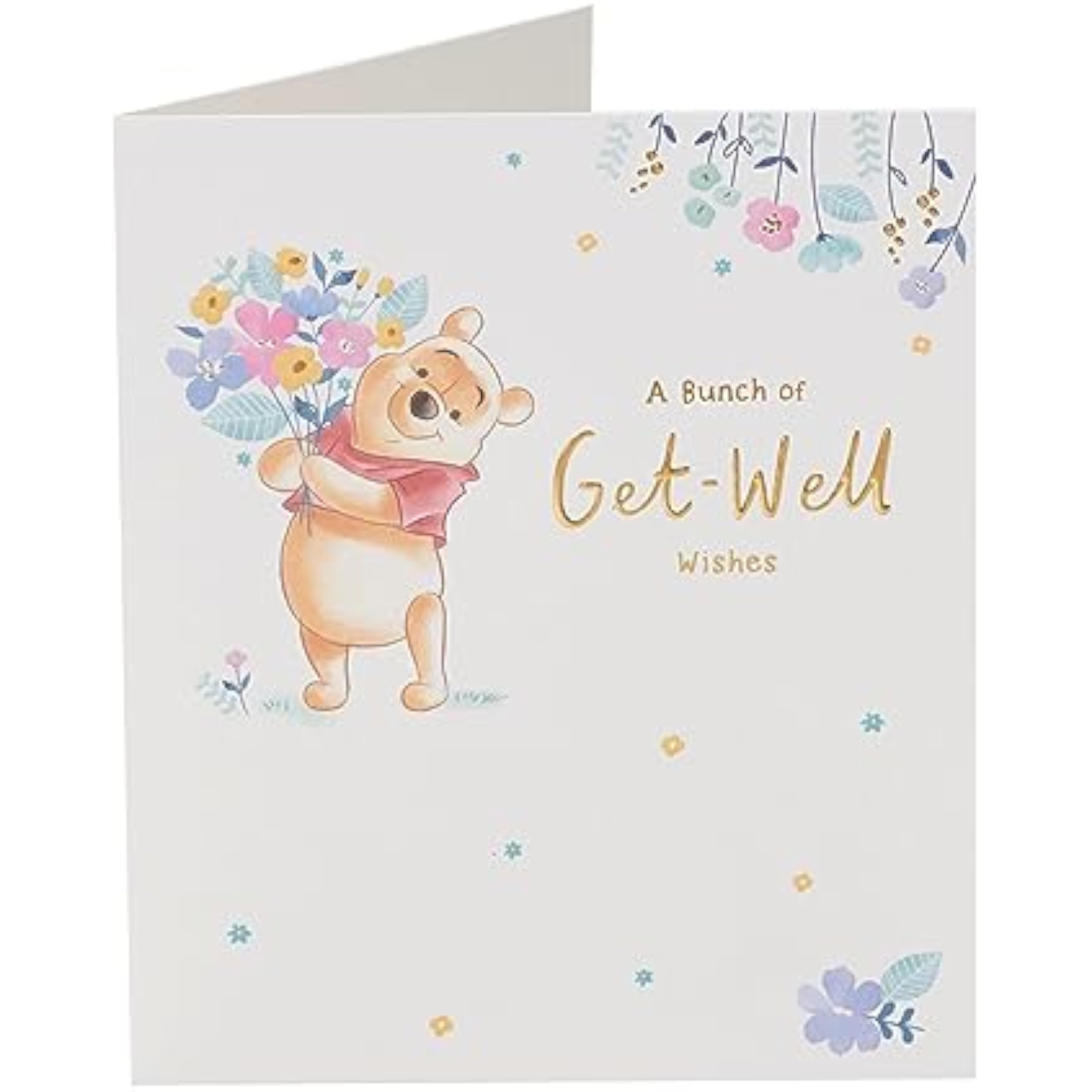 Winnie the Pooh get well greeting card with floral design and gold foil accents, by UK Greetings.