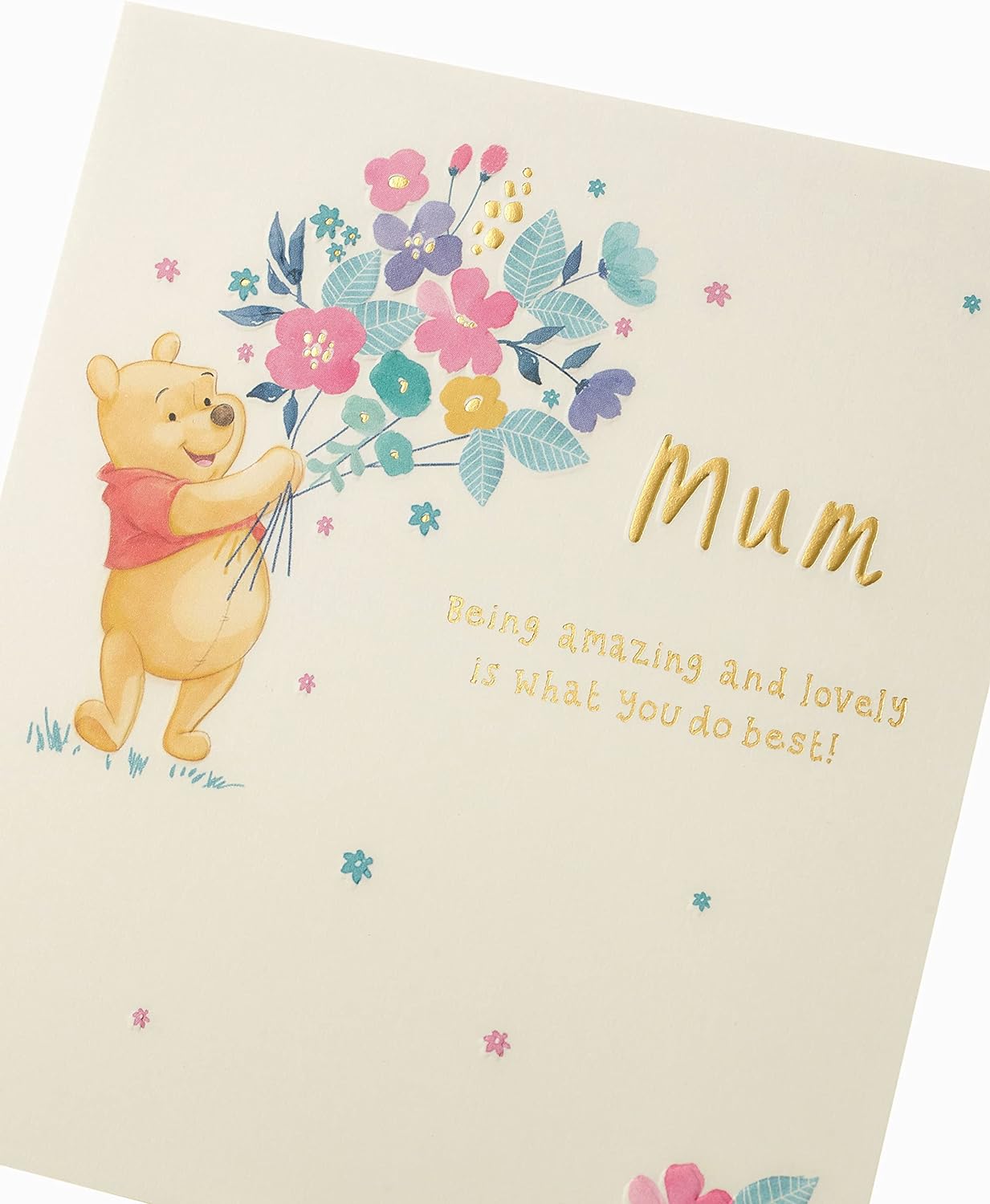 Winnie the Pooh gold foil greeting card for mum, featuring cheerful Pooh illustration and shiny gold accents.