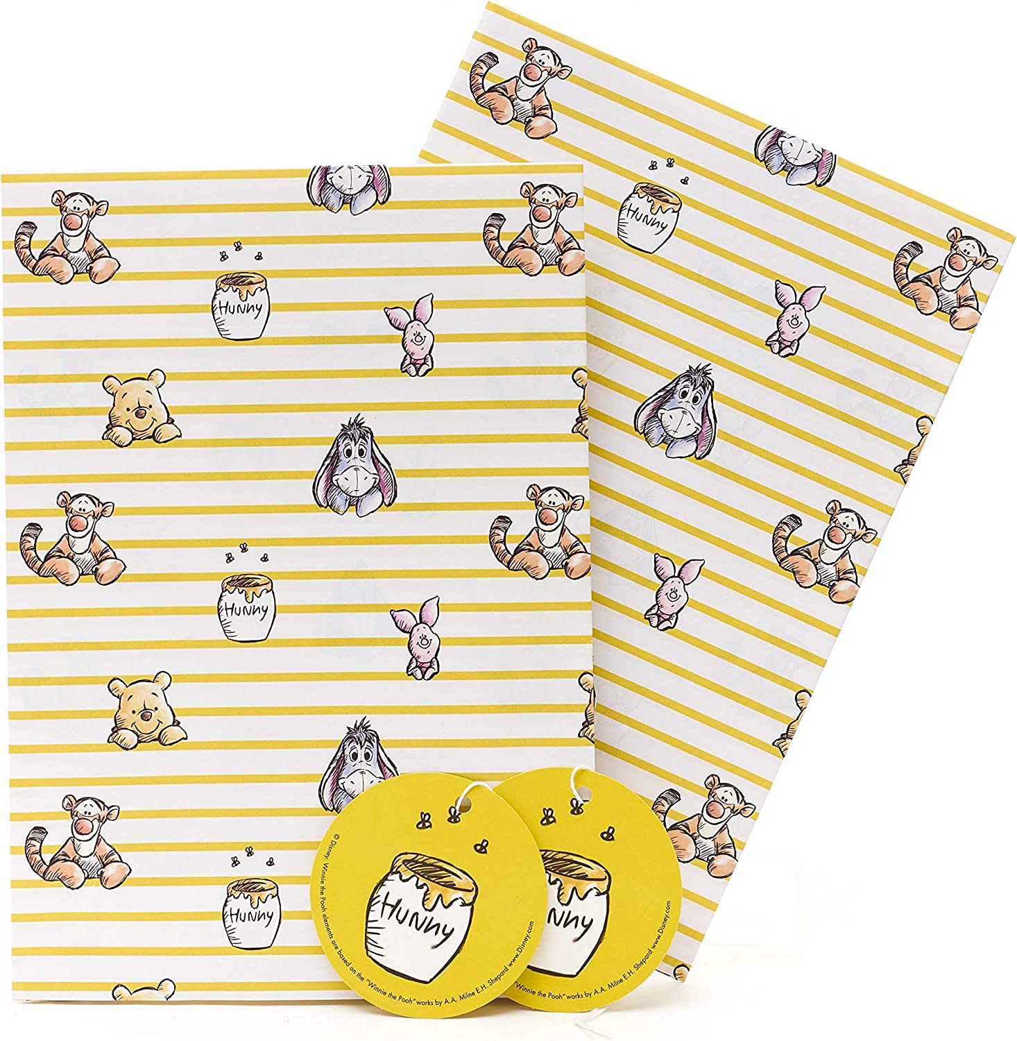 Winnie the Pooh greeting card with wrap and tags set from UK Greetings, featuring Pooh Bear and honey pot design.