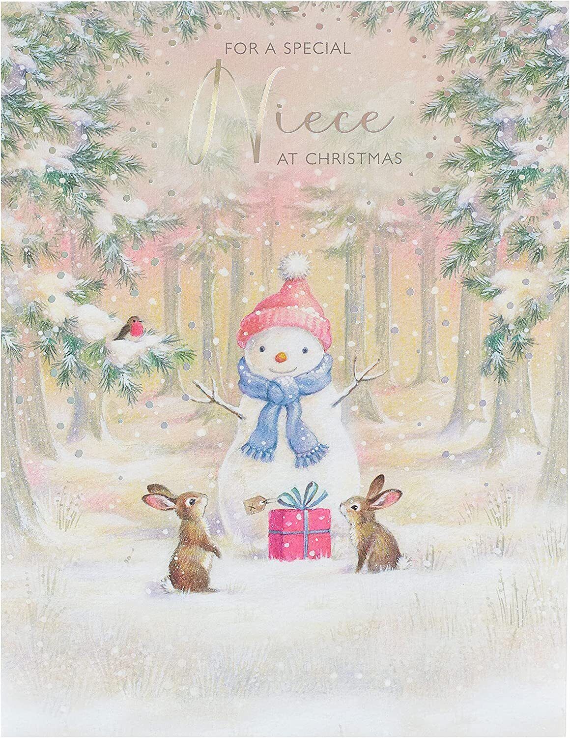 Close-up of a Wonderful Niece Snowman Christmas greeting card by UK Greetings featuring a festive snowman illustration.