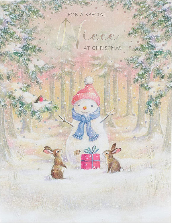 Close-up of a Wonderful Niece Snowman Christmas greeting card by UK Greetings featuring a festive snowman illustration.