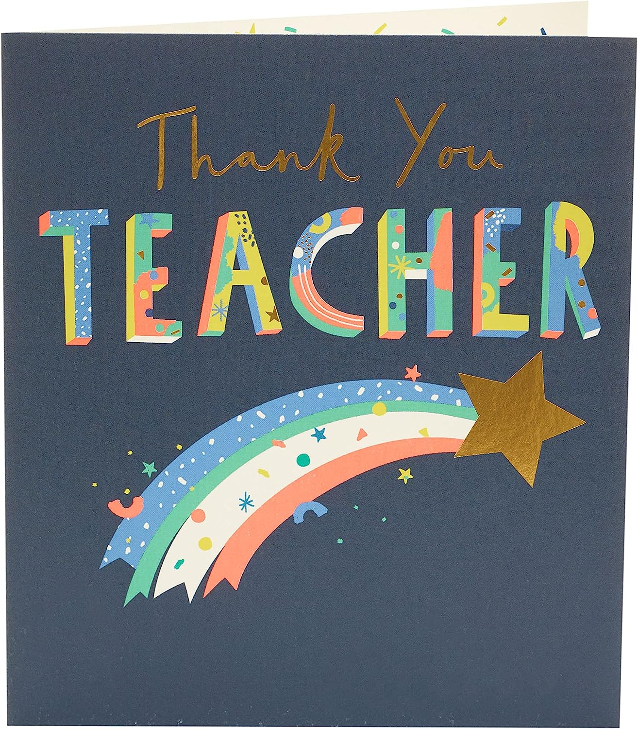 Gold "YOLO! Teacher Thank You" greeting card by UK Greetings featuring colorful design and heartfelt message for teachers.