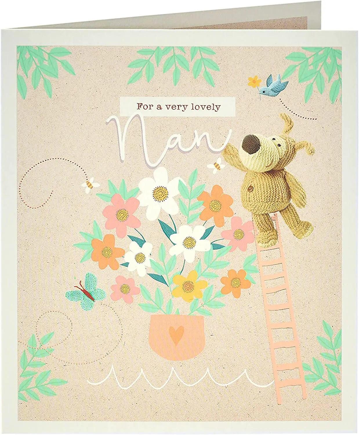 Cute Boofle on ladder birthday greeting card from UK Greetings, featuring a charming illustrated cartoon character.