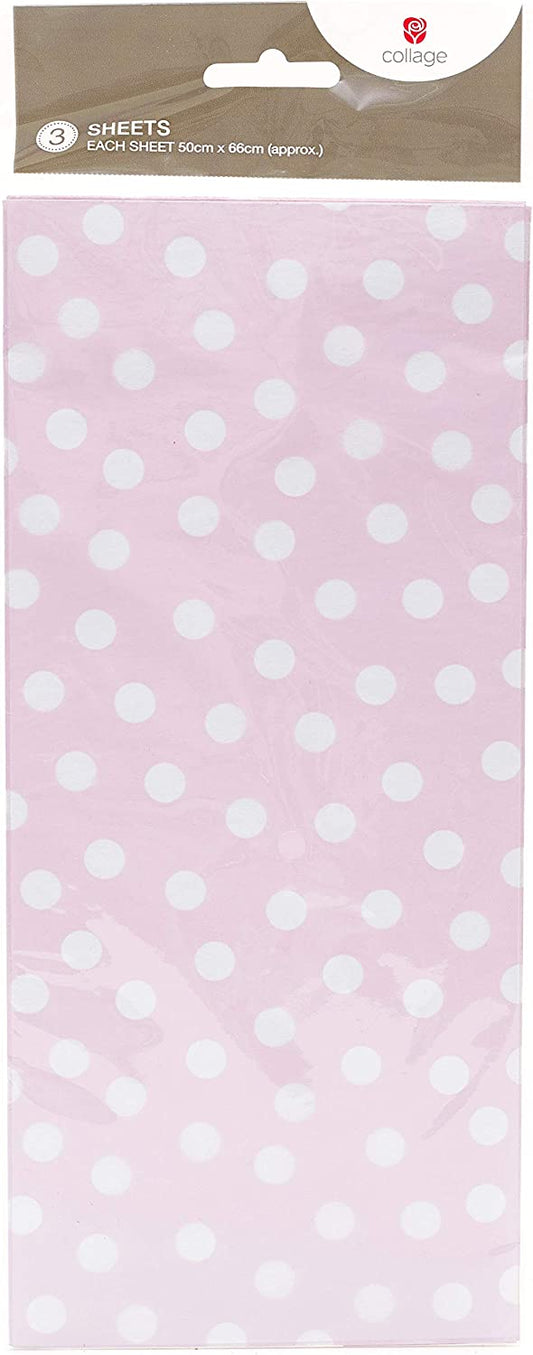 Pink and white polka dot tissue paper from UK Greetings, ideal for gift wrapping and decorative packaging.