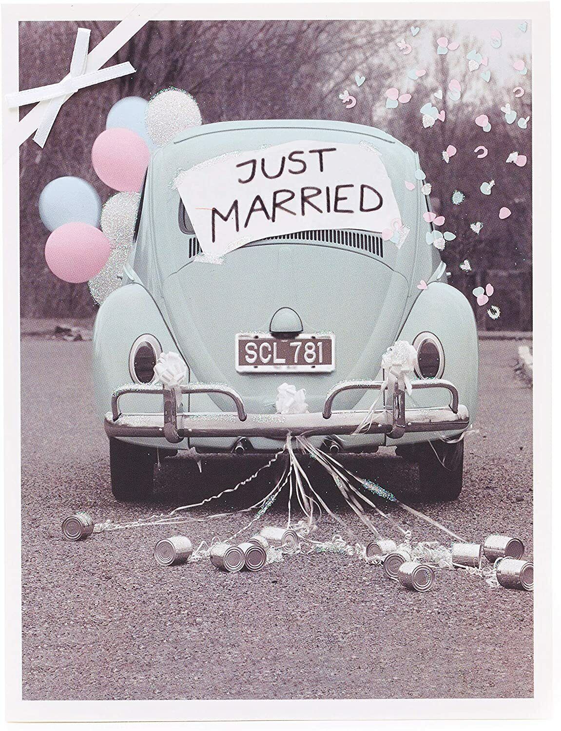 Contemporary wedding greeting card for couples with "Just Married" design, from UK Greetings, featuring elegant photographic artwork.