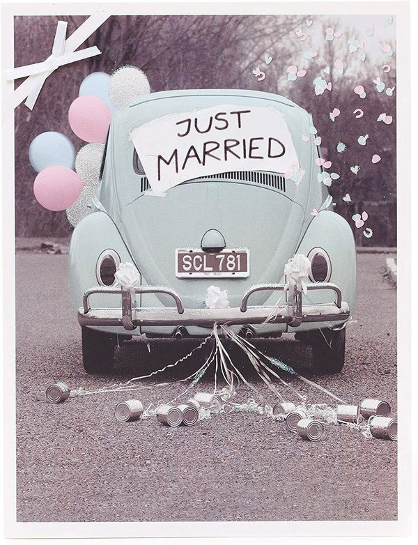 Contemporary wedding greeting card for couples with "Just Married" design, from UK Greetings, featuring elegant photographic artwork.