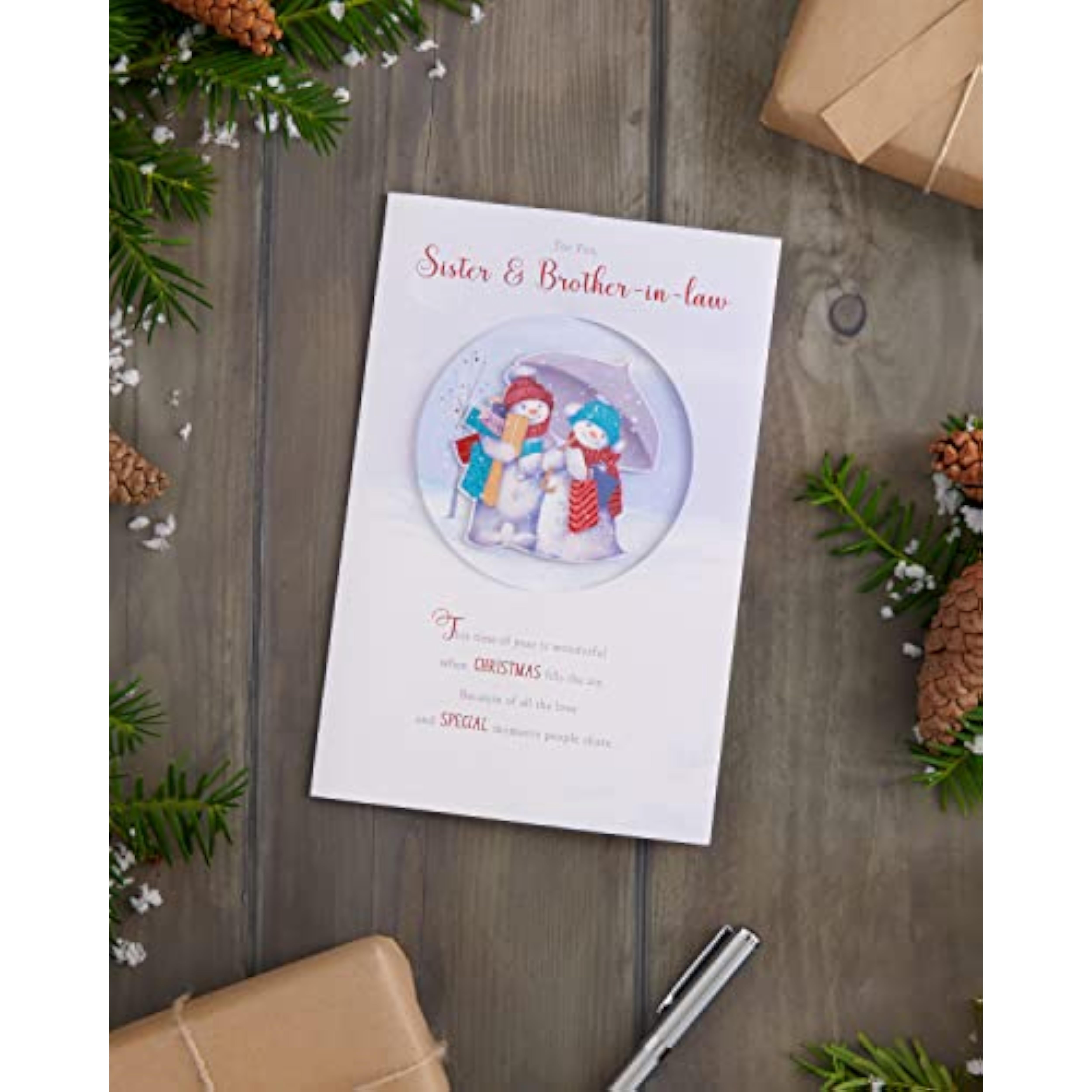 3D red foil Christmas greeting card for sister and brother-in-law by UKG, featuring festive holiday designs and embossed details.