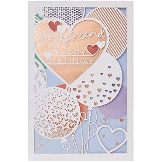 Laser cut birthday greeting card for boyfriend with hearts and balloons, UKG brand, featuring intricate heart and balloon designs.