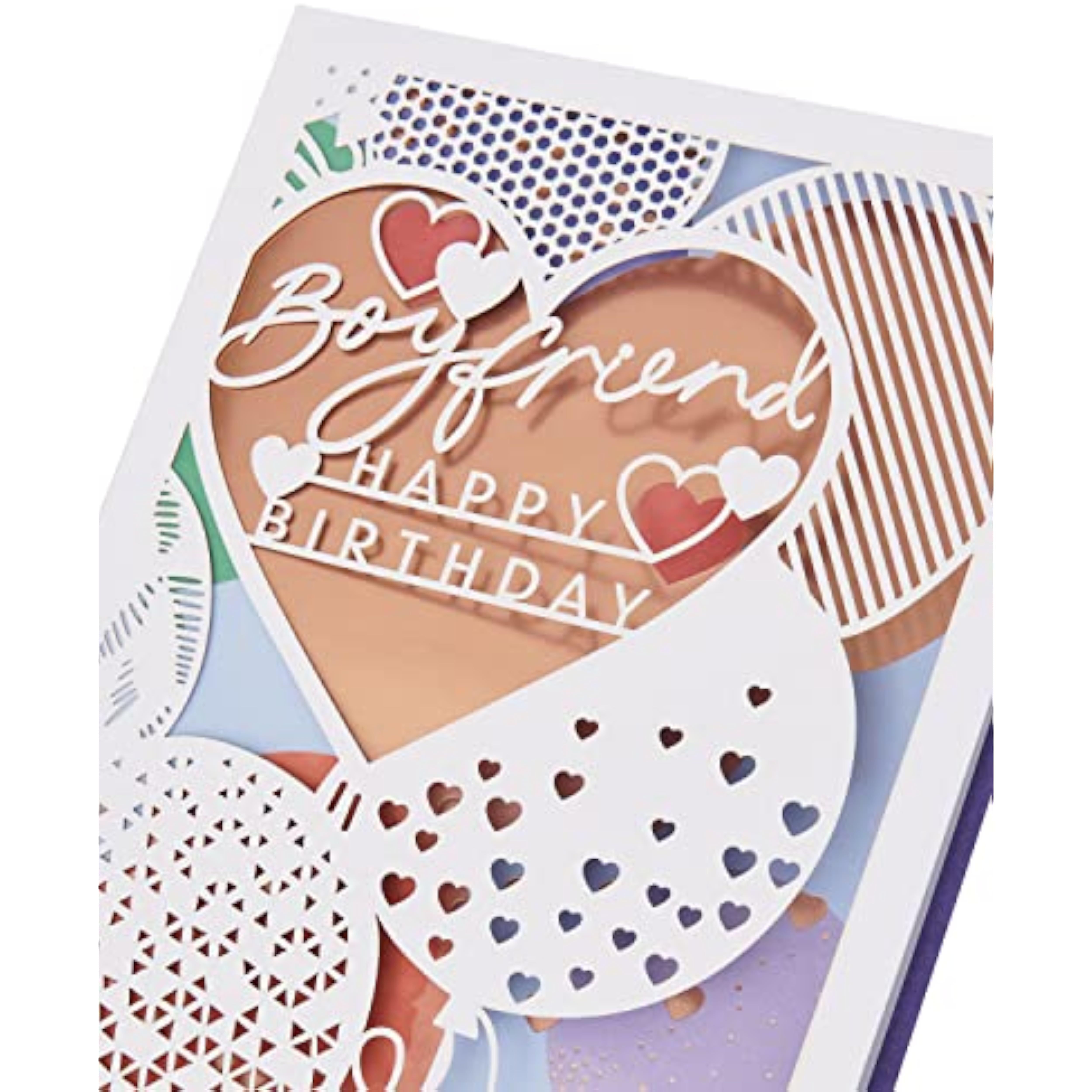 Laser cut hearts and balloons birthday greeting card for boyfriend by UKG, featuring intricate heart and balloon designs.