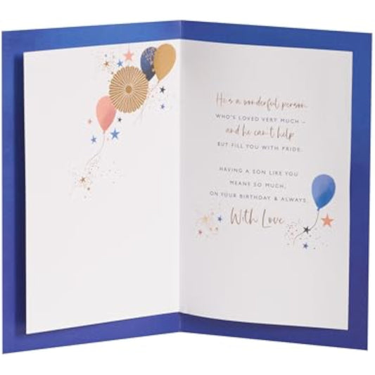 Sentimental birthday greeting card for son with gold foil design, featuring heartfelt message and vibrant decorative elements.