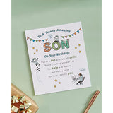 Sentimental birthday greeting card for son with silver foil design, UKG brand, featuring a heartfelt message and decorative elements.