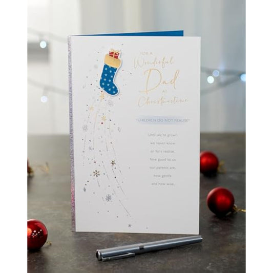 Blue Christmas greeting card for dad with foil and embossed stocking design, UKG brand, festive and decorative.