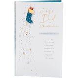 Blue Christmas greeting card for Dad with foil and embossed stocking design, UKG brand, featuring festive holiday imagery.