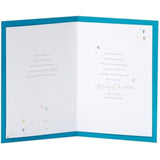 Blue Christmas greeting card for Dad with foil and embossed stocking design, featuring festive holiday details and UKG branding.