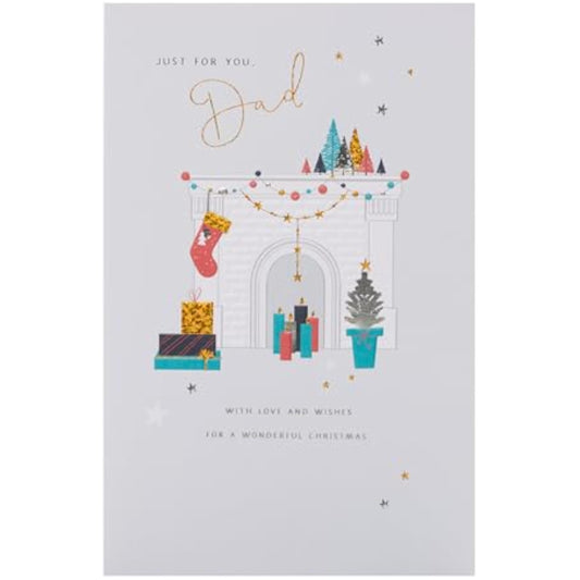 Christmas greeting card for dad featuring a decorated fireplace and metallic foil design, UKG brand, holiday-themed illustration.
