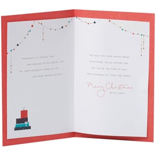 Christmas greeting card for Dad featuring a decorated fireplace and metallic foil design, from UKG.