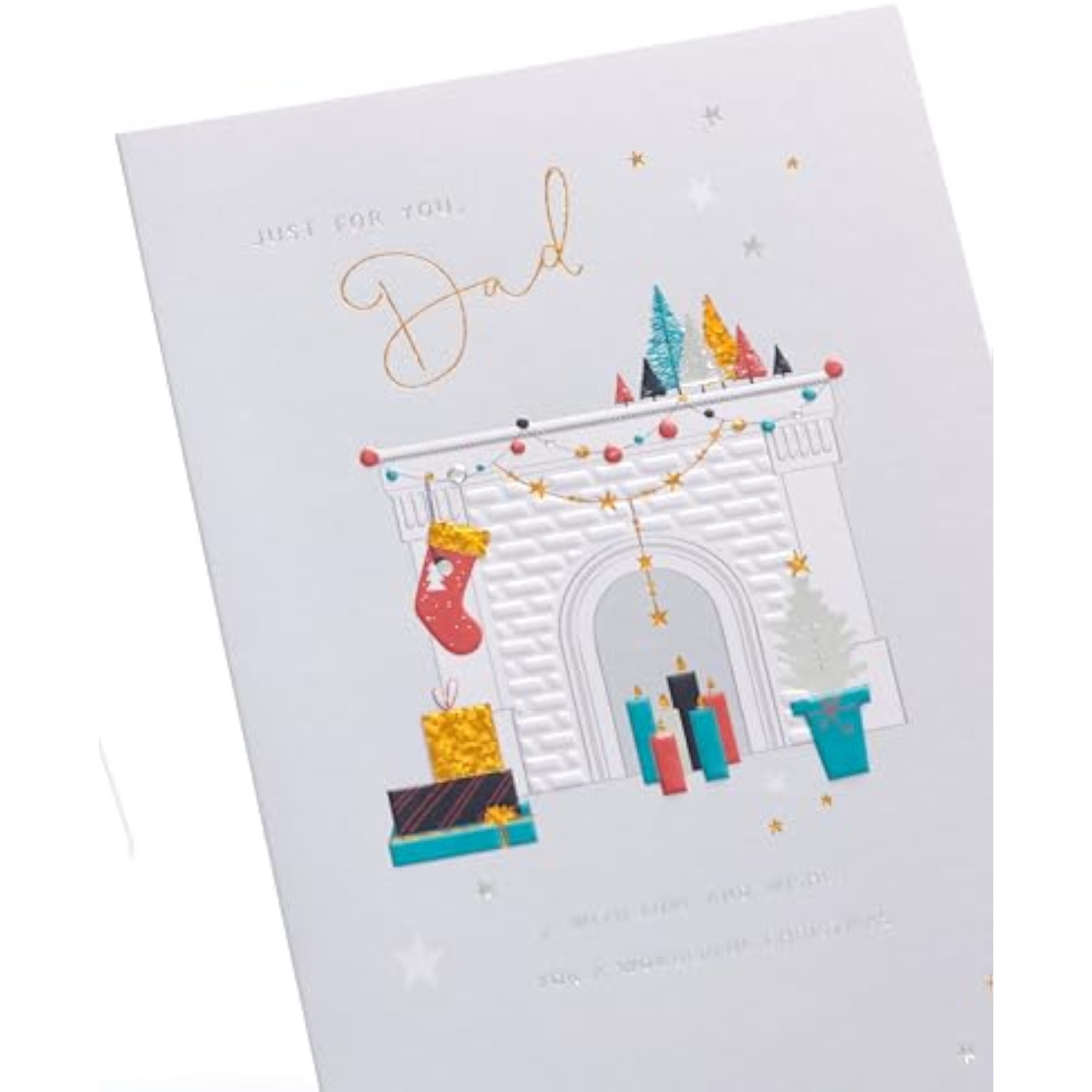Christmas greeting card for dad featuring a decorated fireplace and metallic foil design, from UKG.