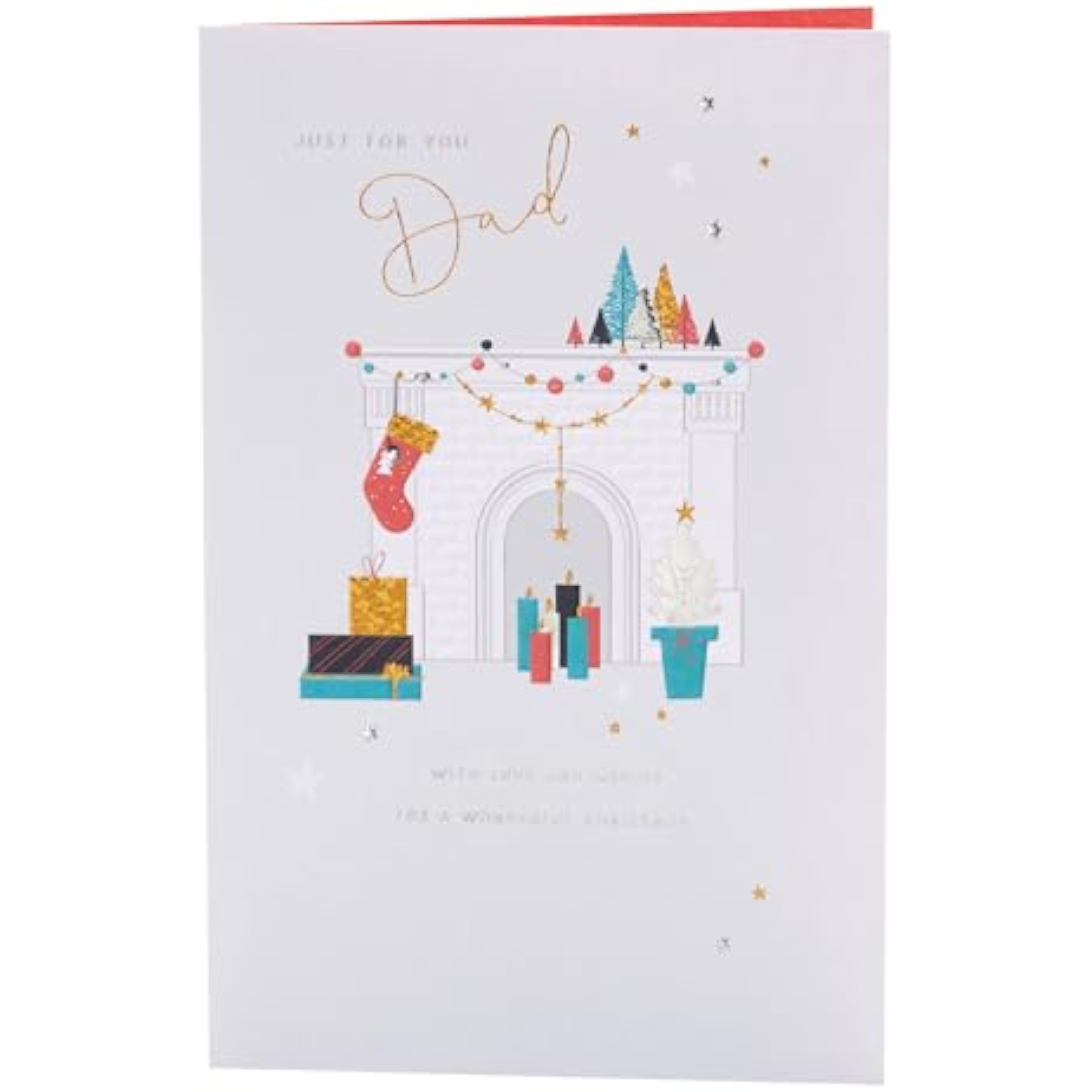 Christmas greeting card for dad featuring a decorated fireplace and metallic foil design, by UKG.