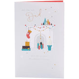 Christmas greeting card for dad featuring a decorated fireplace and metallic foil design, by UKG.