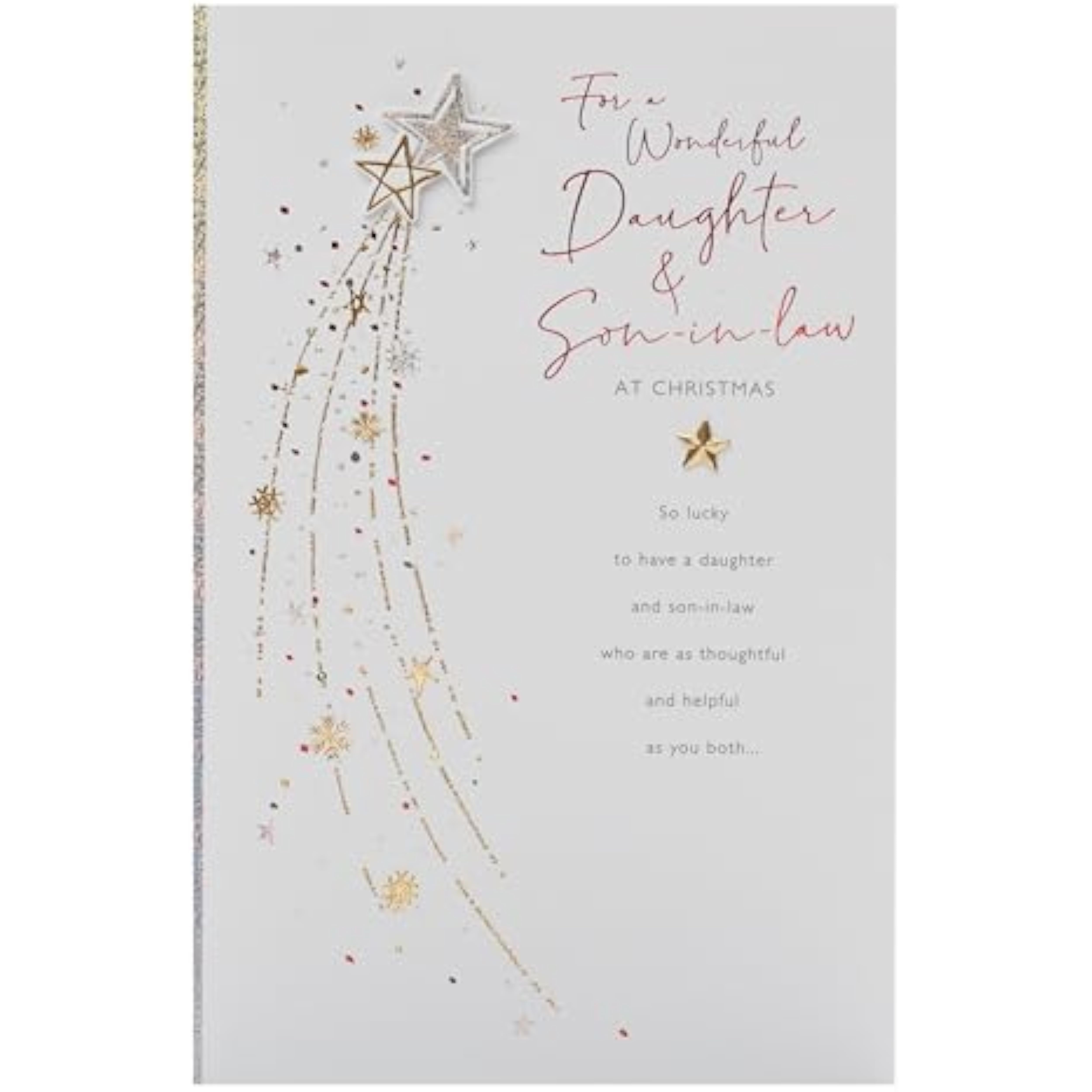UKG Christmas greeting card for daughter and son-in-law featuring a festive shooting star foil design on the front.