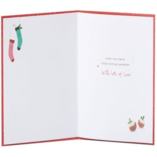 UKG Christmas greeting card for daughter and son-in-law with a sweet, cozy foil design featuring festive holiday imagery.