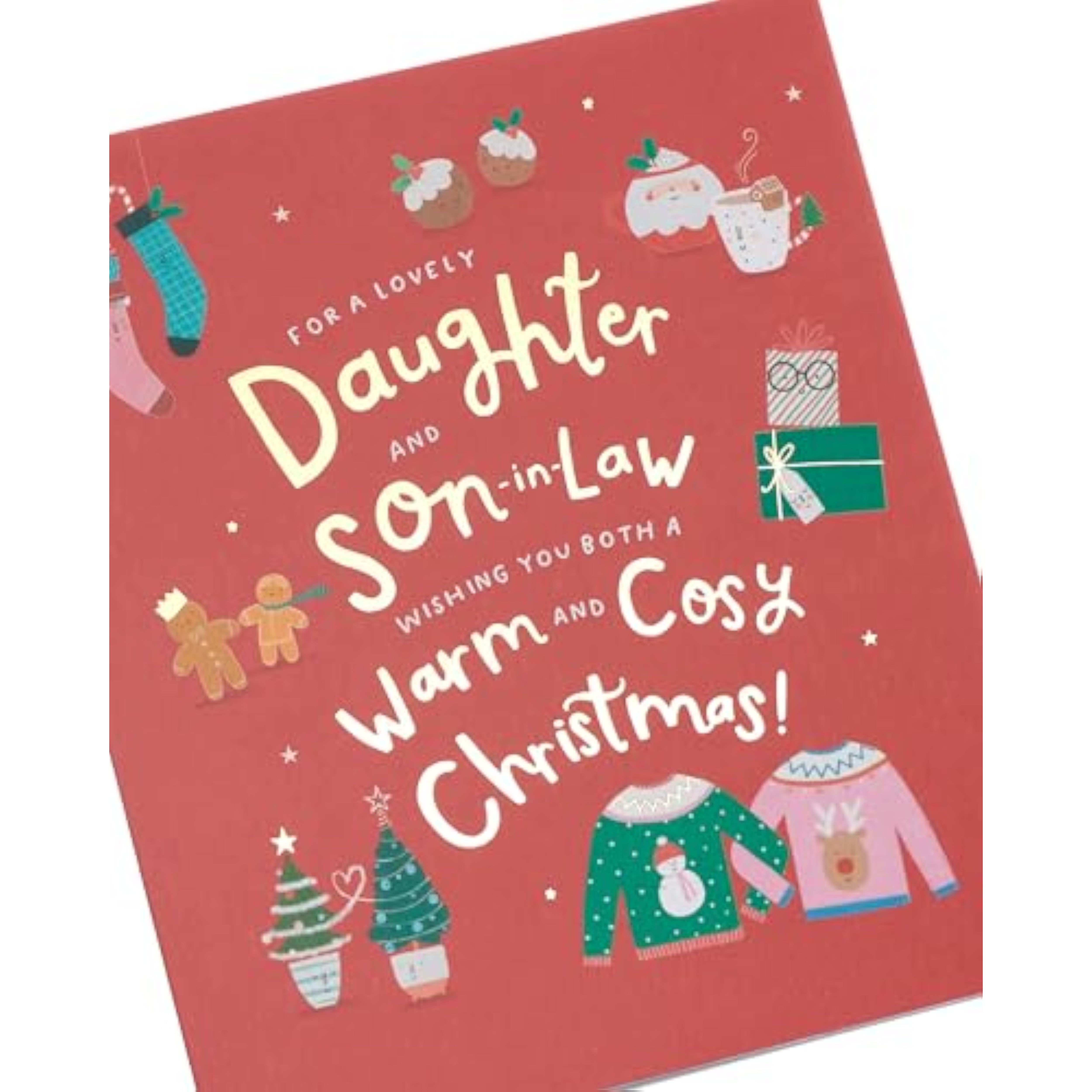 UKG Christmas greeting card for daughter and son-in-law featuring a sweet, cozy foil design on the front.