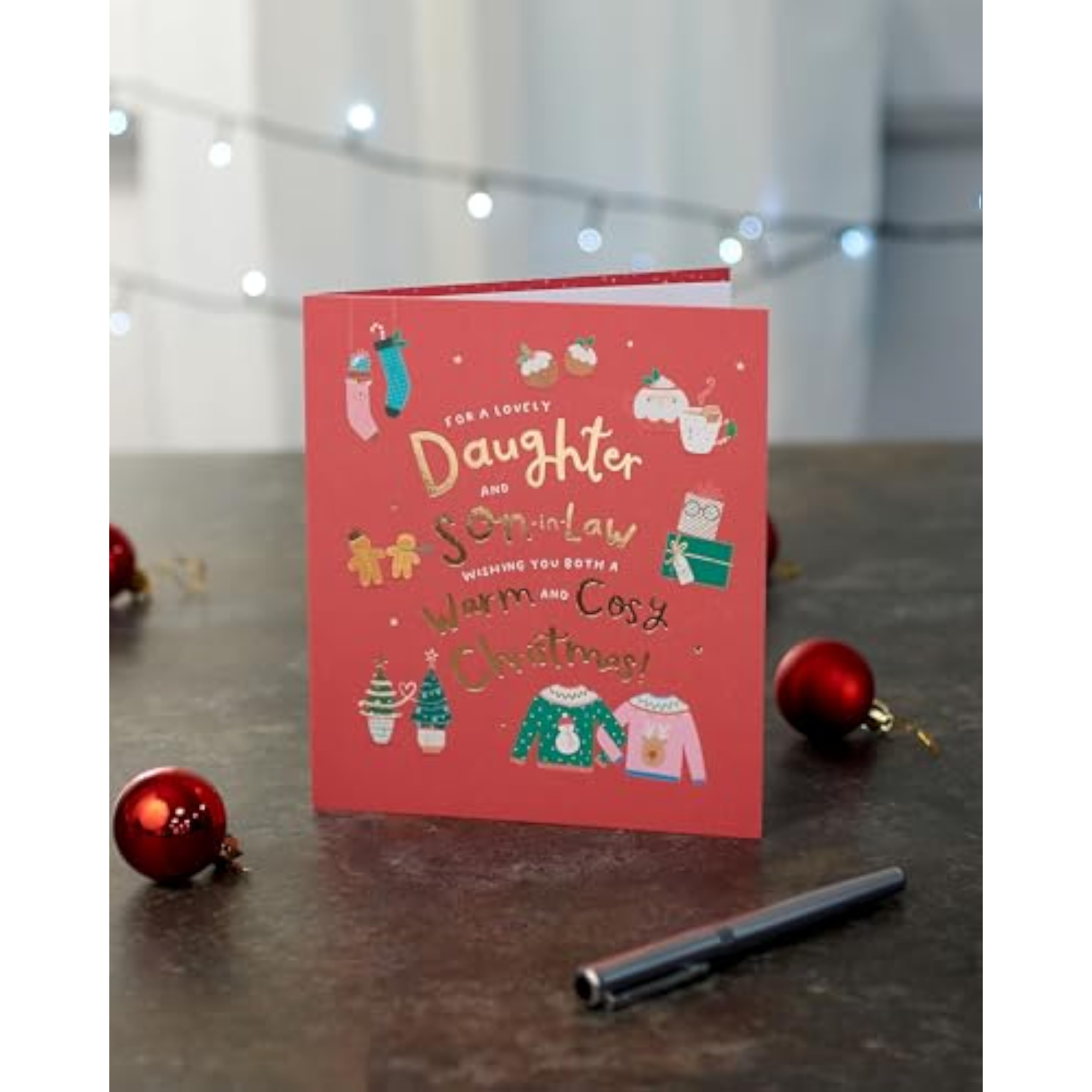 Christmas greeting card for daughter and son-in-law featuring a sweet, cozy foil design by UKG.