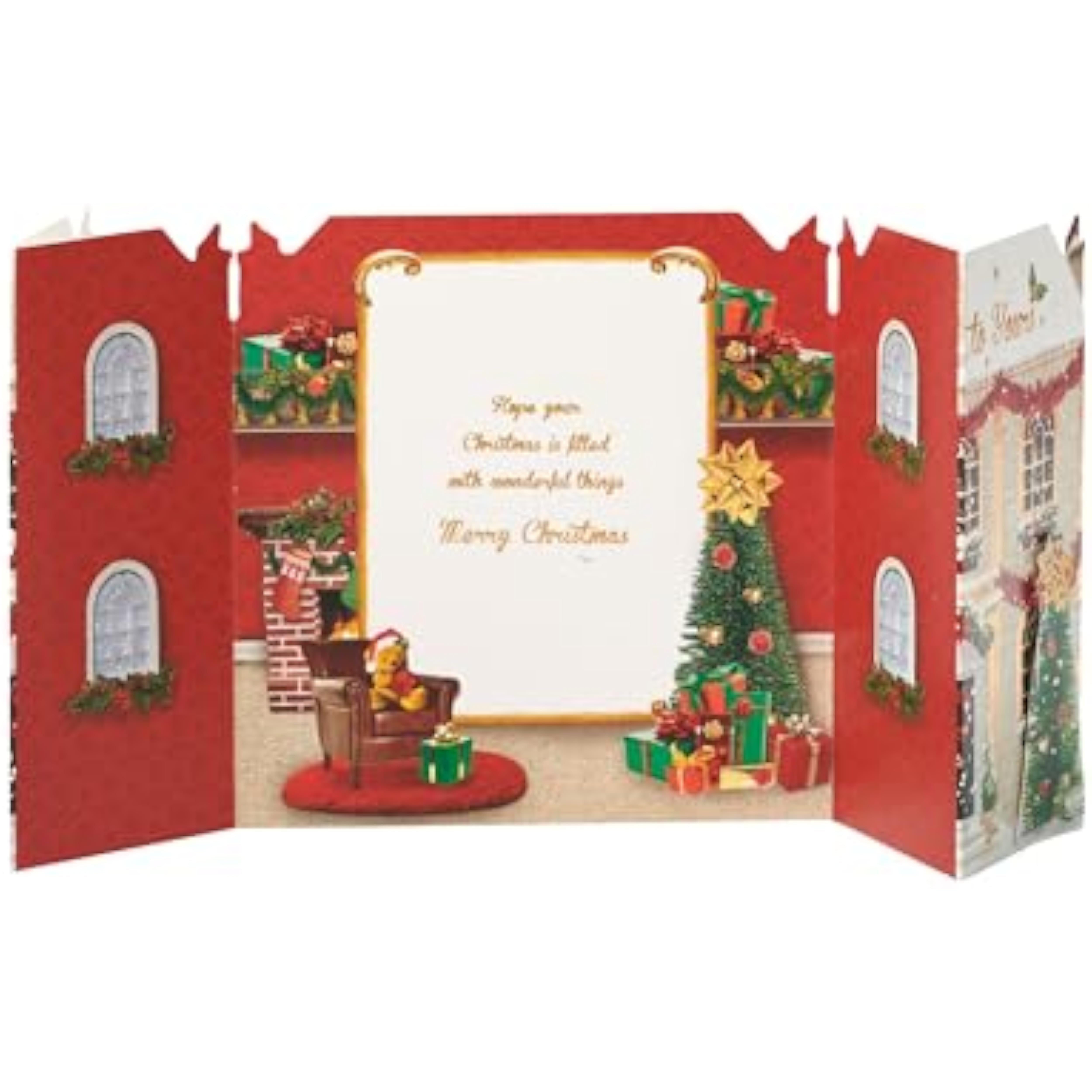 Festive 3D house-shaped Christmas greeting card for family by UKG, featuring colorful holiday decorations and cheerful design.