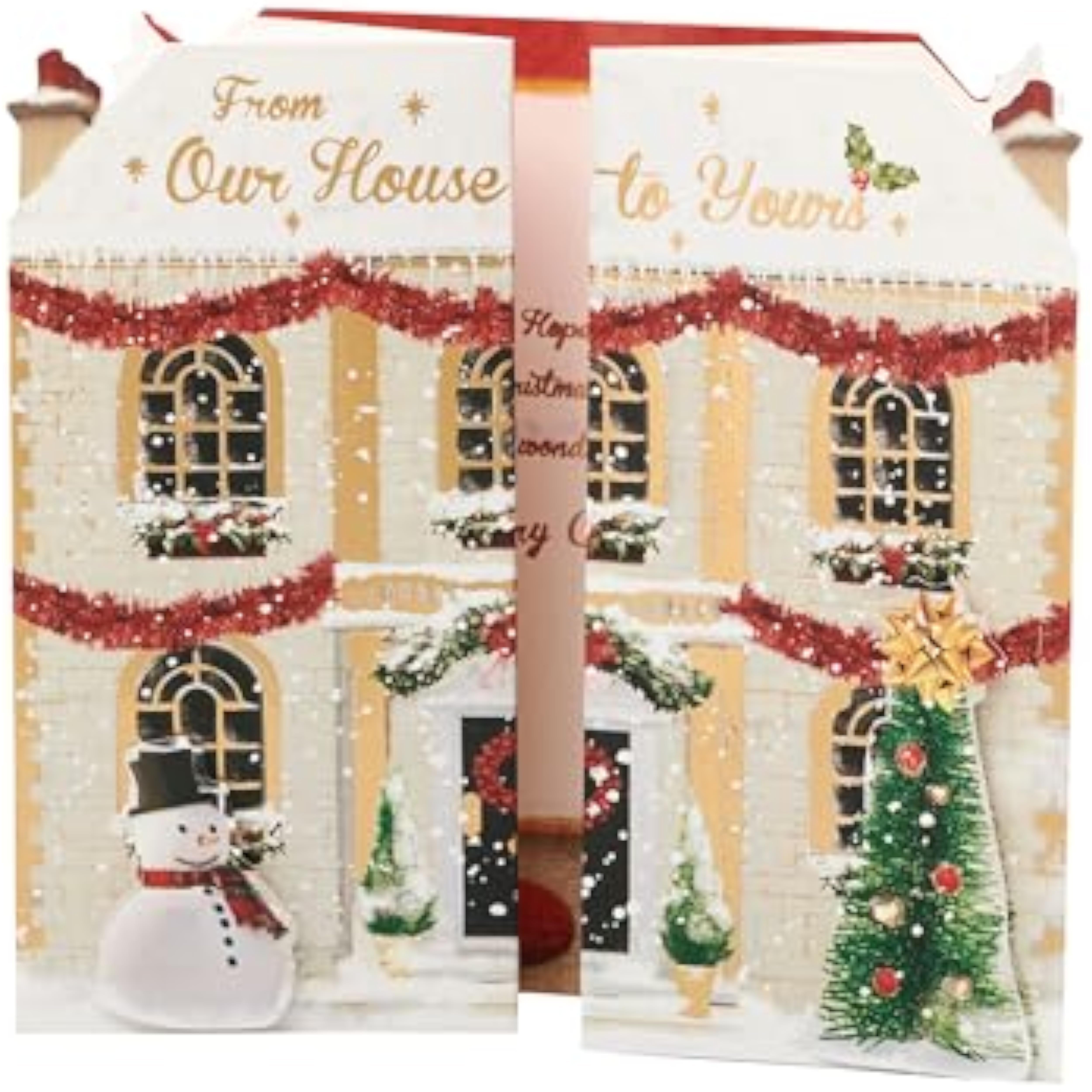Festive 3D house-shaped Christmas greeting card for family by UKG, featuring colorful holiday-themed illustrations.