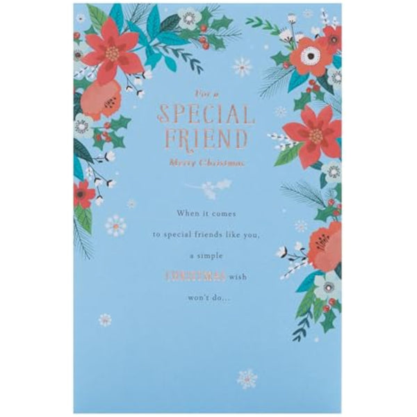 UKG floral Christmas greeting card for friend with copper foil accents, featuring elegant holiday floral design.