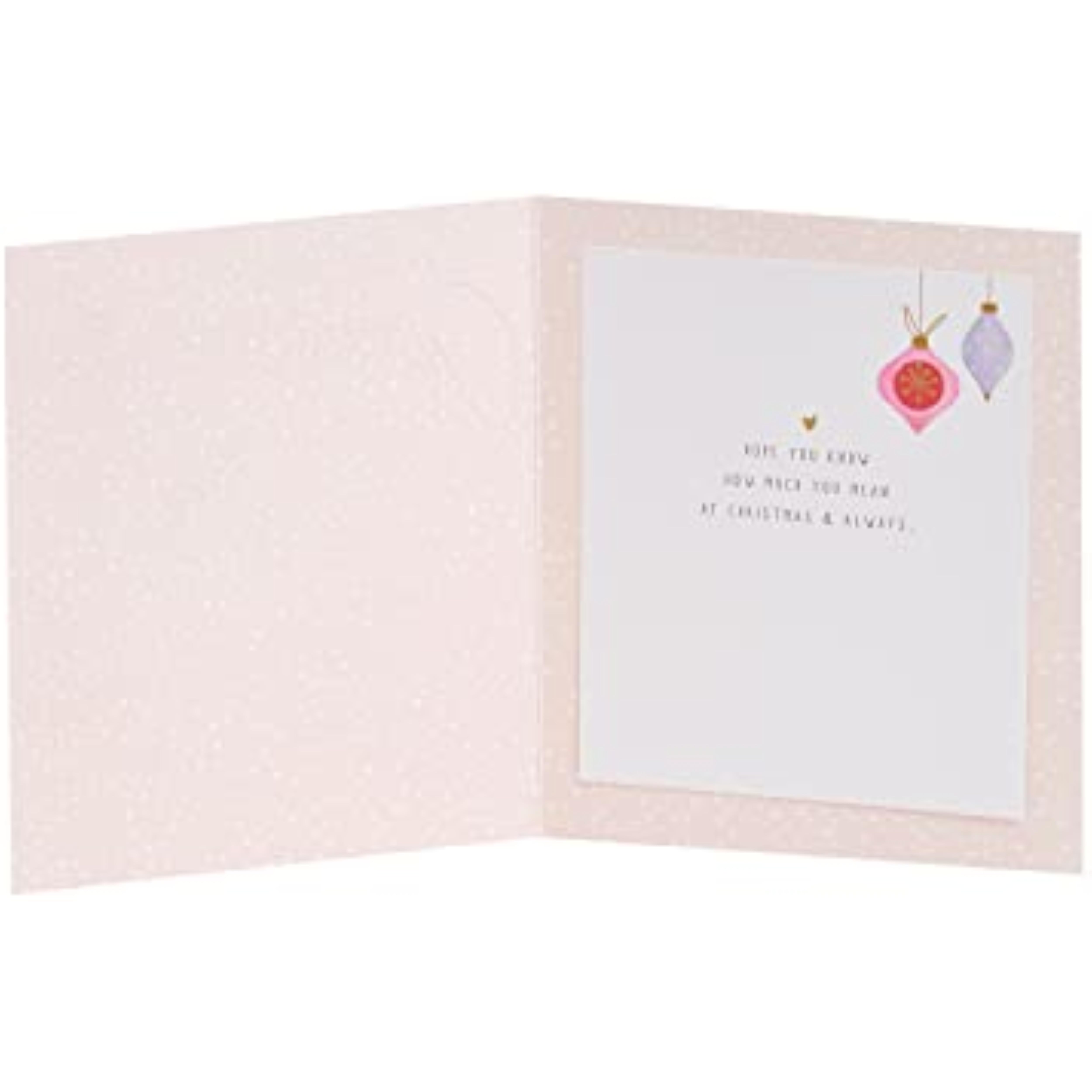 Elegant Christmas greeting card for godmother with gold foil baubles design, featuring festive holiday imagery and ornate details.