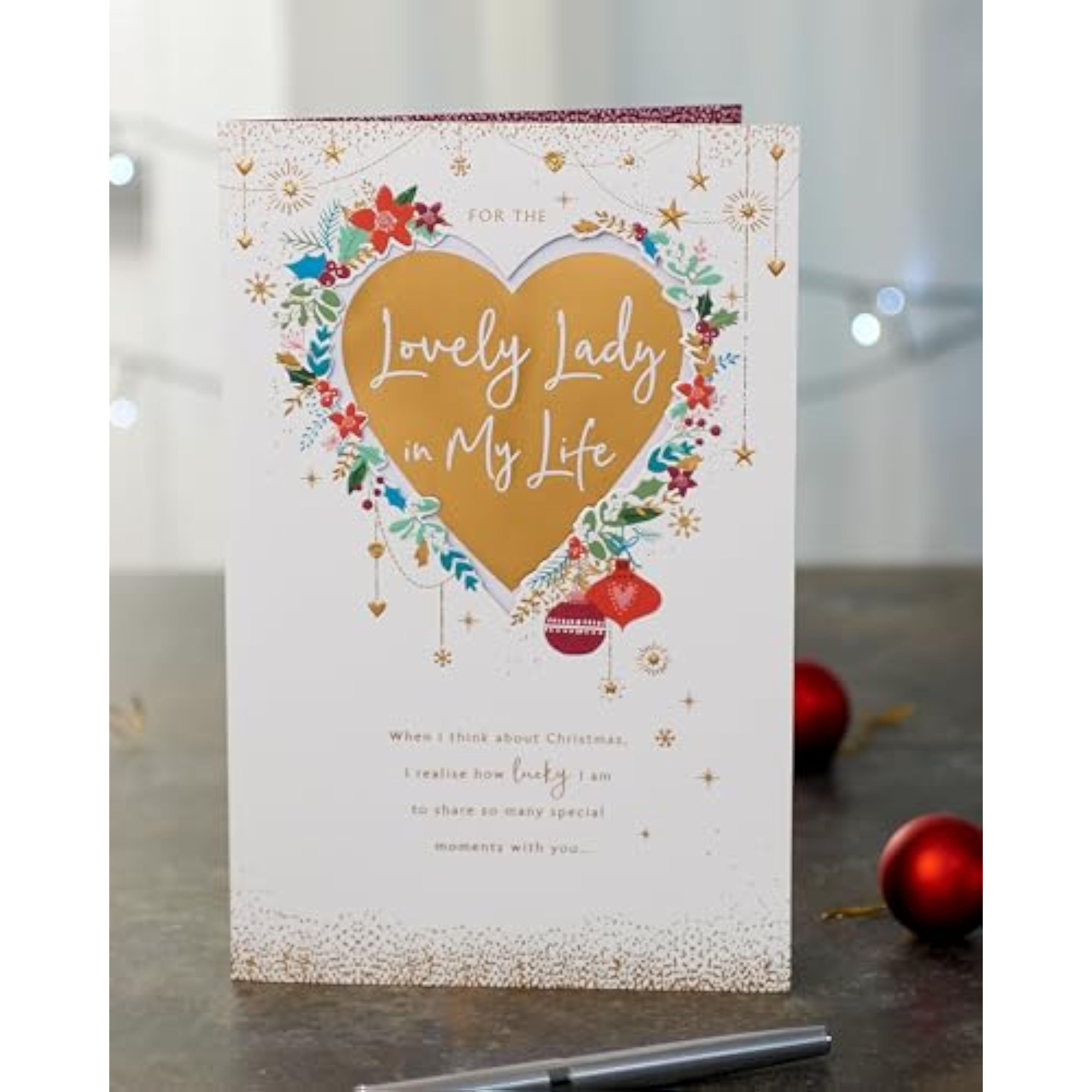 Gold foil heart romantic Christmas greeting card for her by UKG, featuring elegant holiday design and festive details.