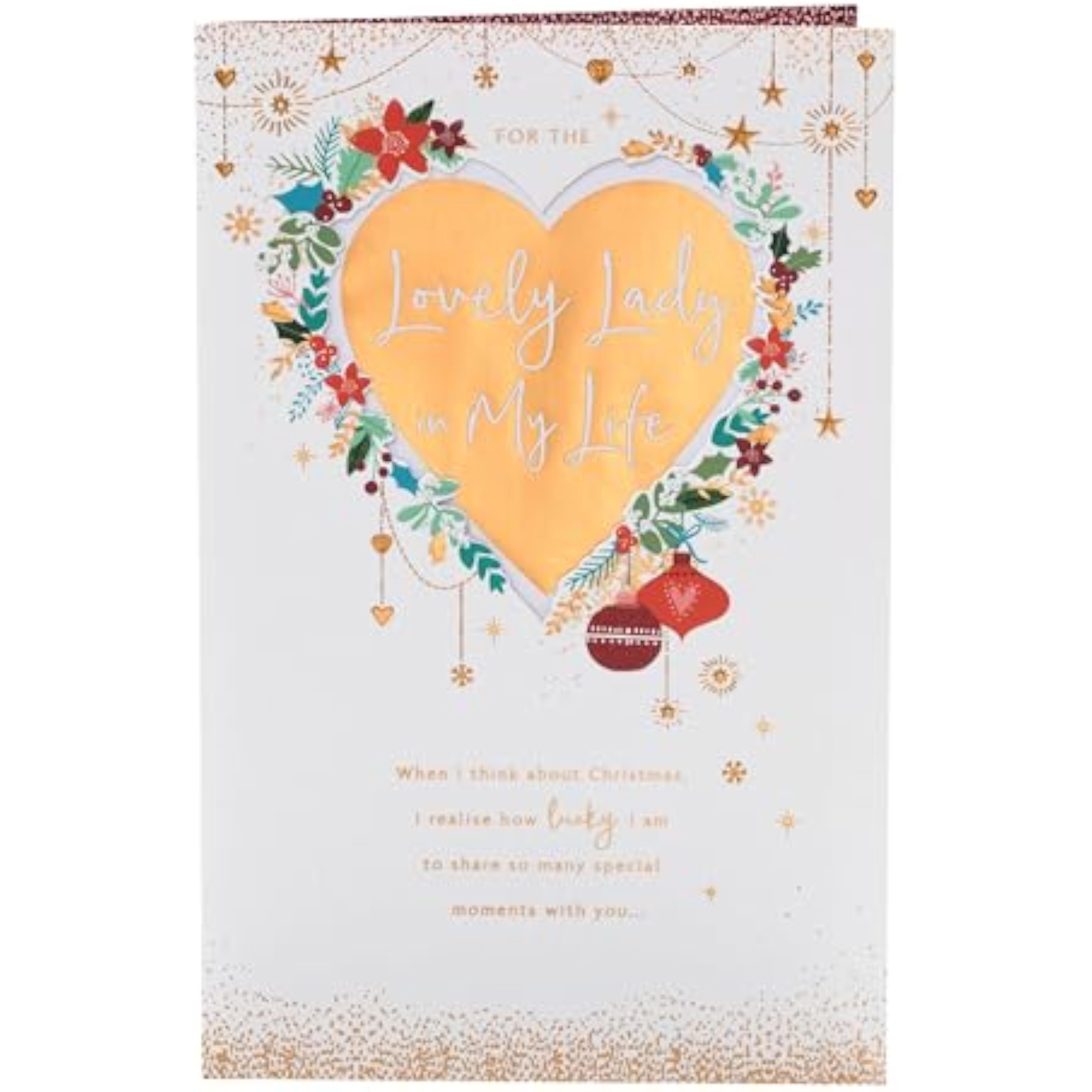 Gold foil heart romantic Christmas greeting card for her by UKG, featuring elegant holiday design and festive details.