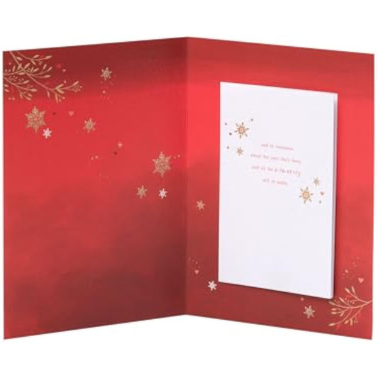 Christmas greeting card for husband featuring deep red and gold stockings design, UKG brand, with festive holiday imagery.
