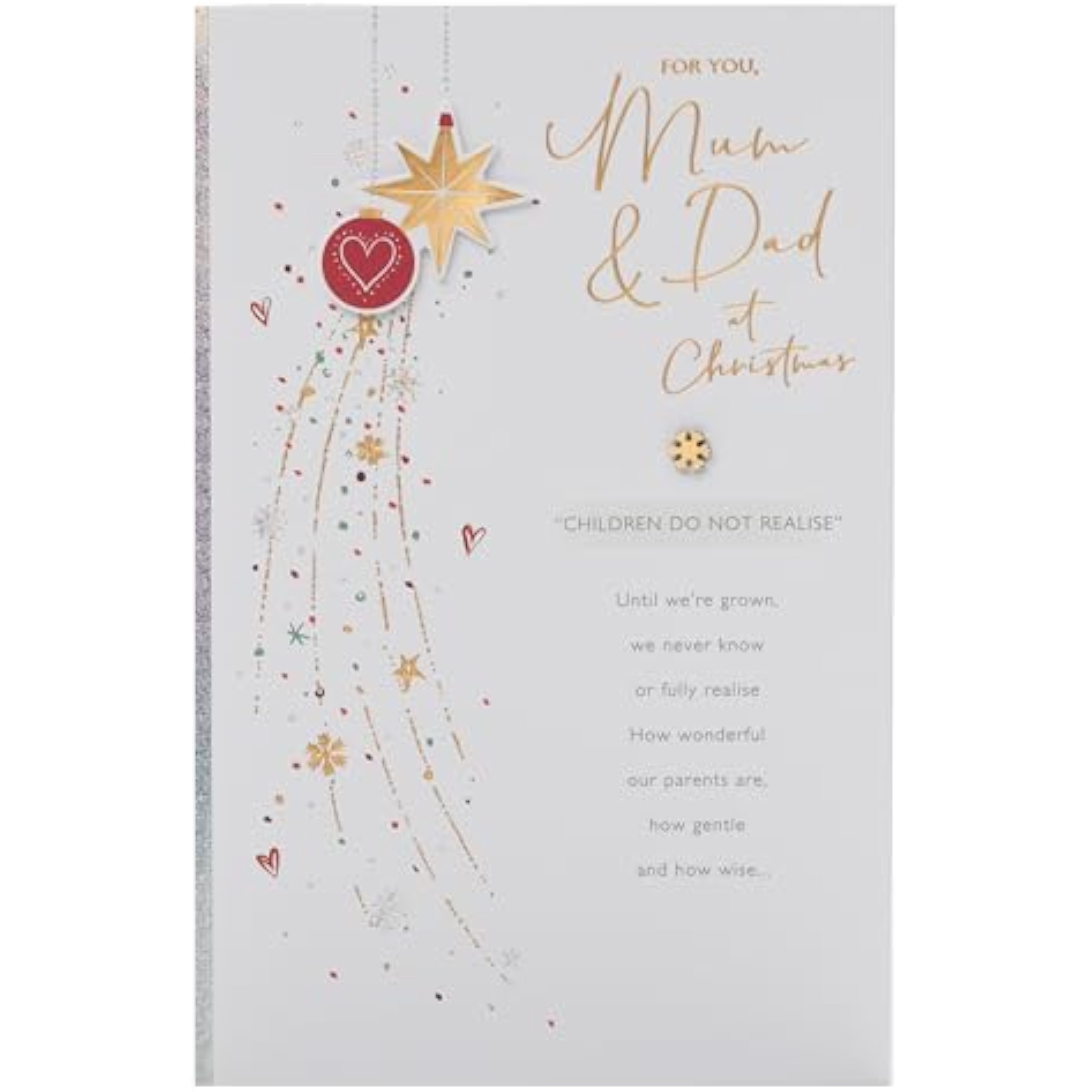 Christmas greeting card for mum and dad featuring festive foil baubles design, bright and cheerful for holiday wishes.