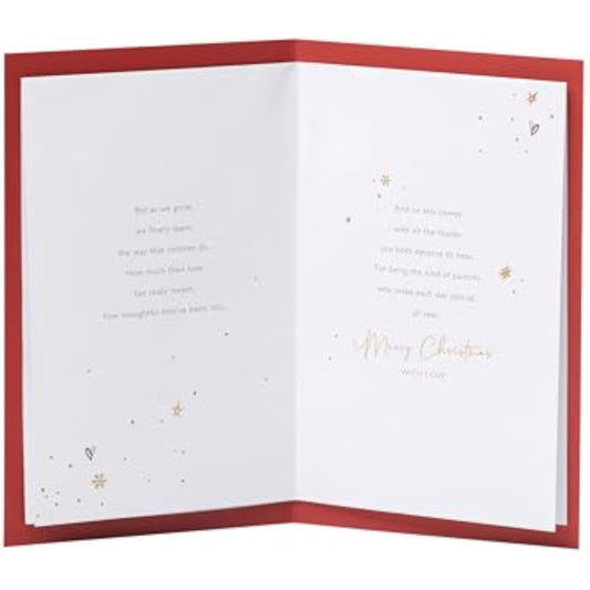 Christmas greeting card for Mum and Dad with festive baubles foil design, UKG brand, featuring colorful holiday decorations.